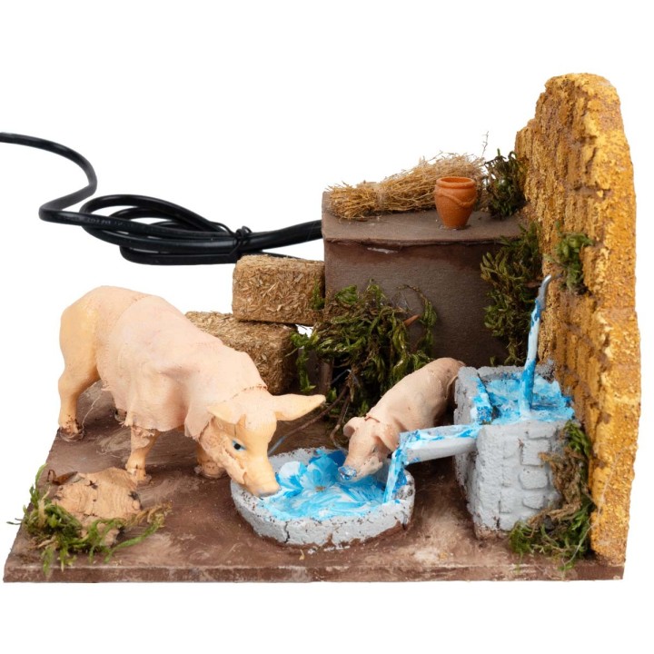 Porcilaia con due maiali alla fontana con doppio movimento cm