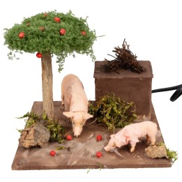Pigs with double movement and apple tree for nativity scene cm