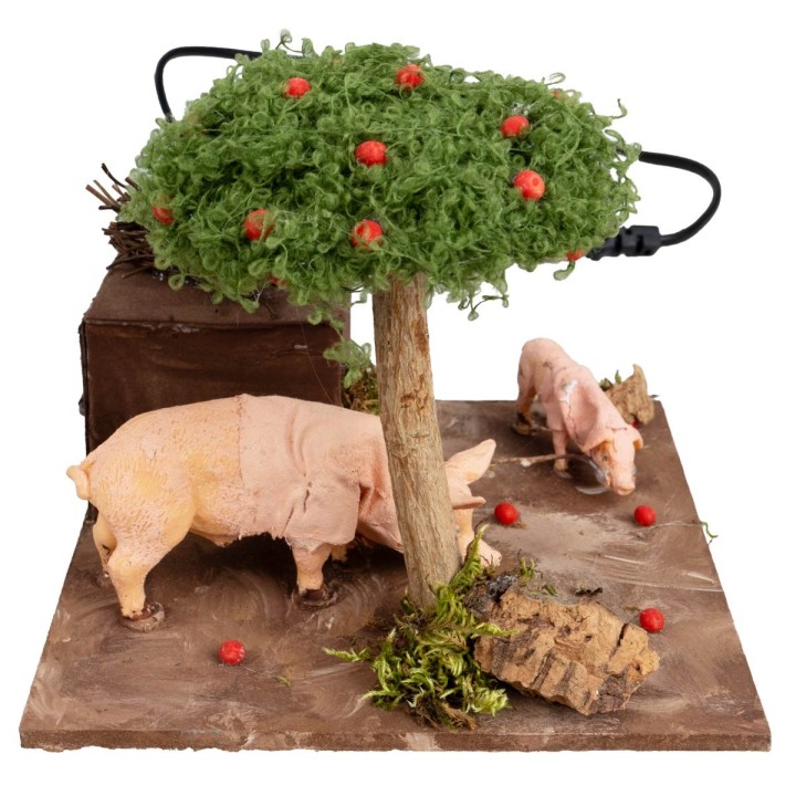 Maiali con doppio movimento e albero di mele per presepe cm