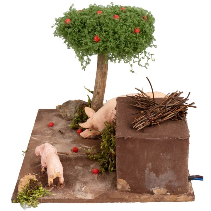 Pigs with double movement and apple tree for nativity scene cm
