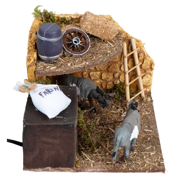 Stable with two donkeys with double movement for nativity scene