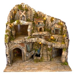 Presepe illuminato con ruscello, forno e mulino a vento cm 70x50x72 h