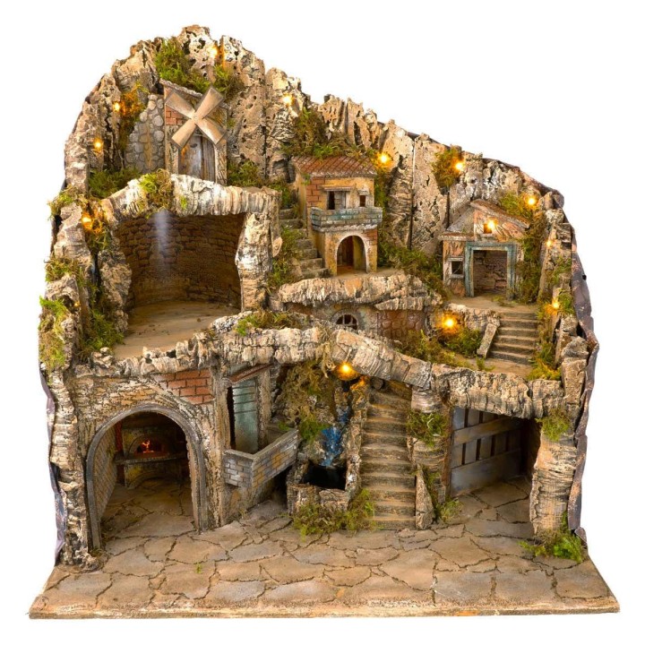 Presepe illuminato con ruscello, forno e mulino a vento cm 70x50x72 h