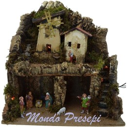 Pesebre completo con molino de viento y luces cm 42x35x38 h.