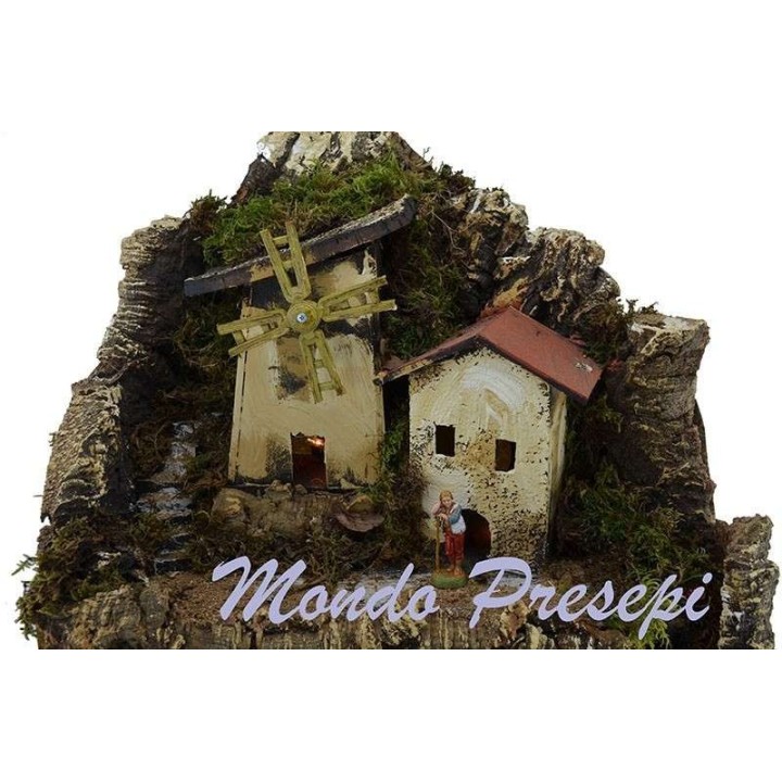Presepe completo con mulino a vento e luci cm 42x35x38 h.