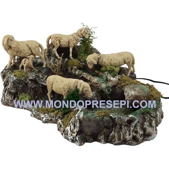Gruppo pecore in movimento con ruscello