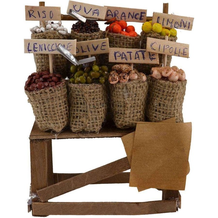 Puesto con sacos de frutas y verduras cm 10x4,5x14 h.